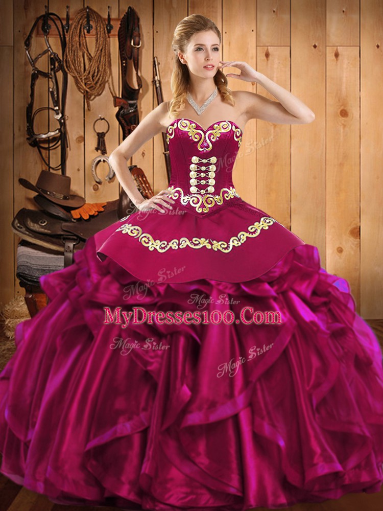 Low Price Fuchsia Ball Gowns Embroidery and Ruffles Quinceanera Dresses Lace Up Satin and Organza Sleeveless Floor Length
