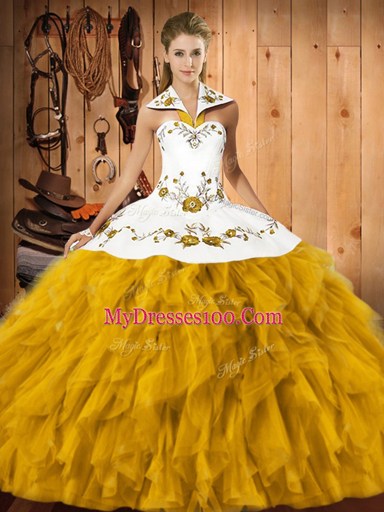 Discount Floor Length Gold Vestidos de Quinceanera Satin and Organza Sleeveless Embroidery and Ruffles