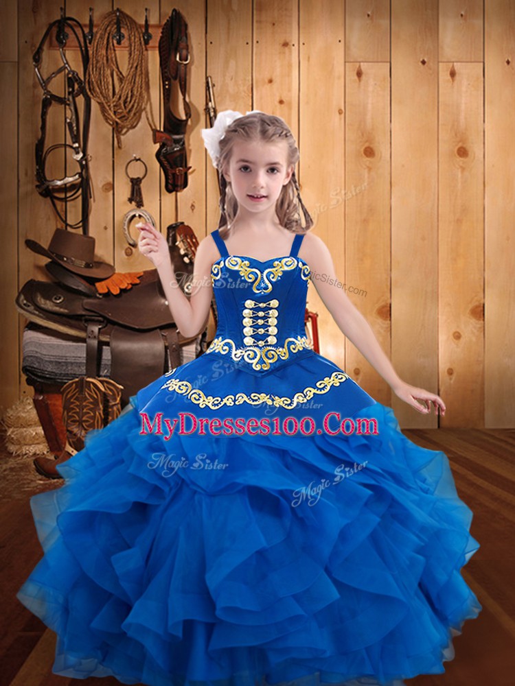 Great Blue Straps Neckline Embroidery and Ruffles Little Girls Pageant Gowns Sleeveless Lace Up