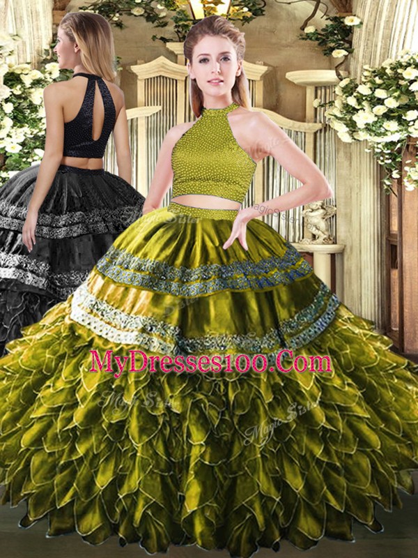 Trendy Olive Green Satin and Organza Backless Sweet 16 Dress Sleeveless Floor Length Beading and Embroidery and Ruffles