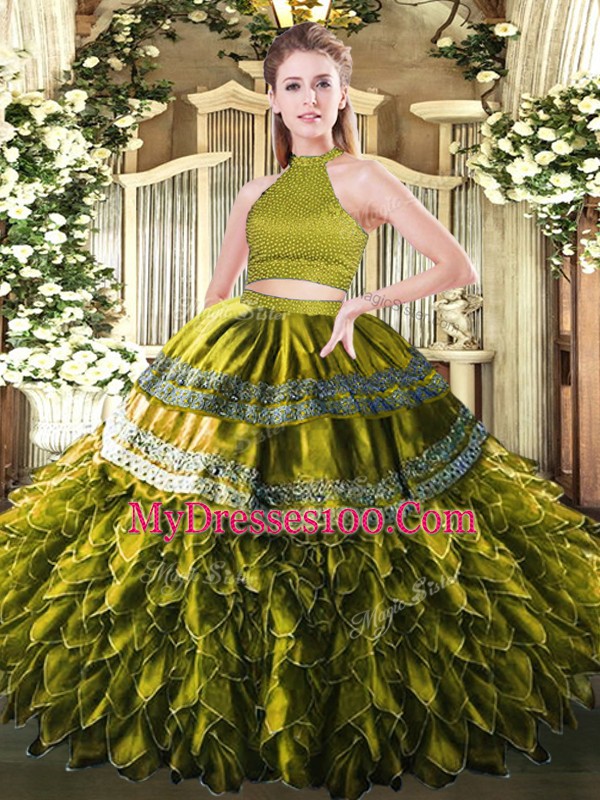 Trendy Olive Green Satin and Organza Backless Sweet 16 Dress Sleeveless Floor Length Beading and Embroidery and Ruffles
