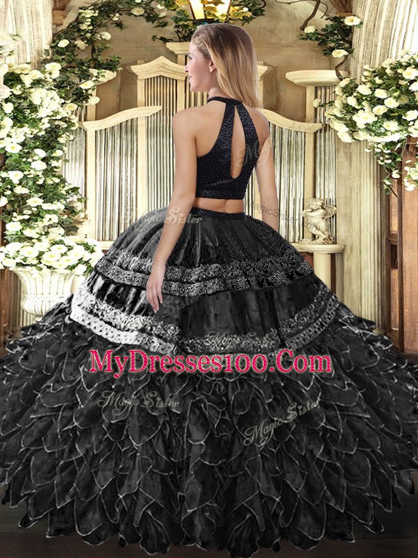 Trendy Olive Green Satin and Organza Backless Sweet 16 Dress Sleeveless Floor Length Beading and Embroidery and Ruffles