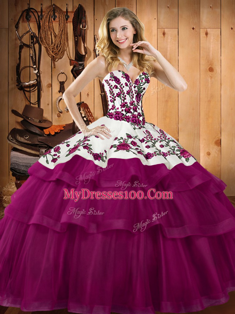 Spectacular Embroidery Sweet 16 Quinceanera Dress Fuchsia Lace Up Sleeveless Floor Length