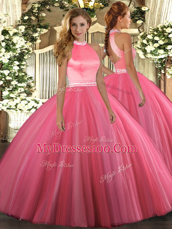 Flare Halter Top Sleeveless 15th Birthday Dress Floor Length Beading Coral Red Tulle