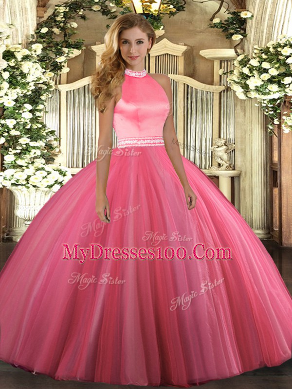 Flare Halter Top Sleeveless 15th Birthday Dress Floor Length Beading Coral Red Tulle
