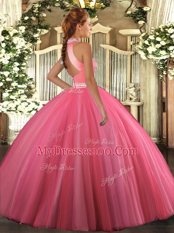 Flare Halter Top Sleeveless 15th Birthday Dress Floor Length Beading Coral Red Tulle