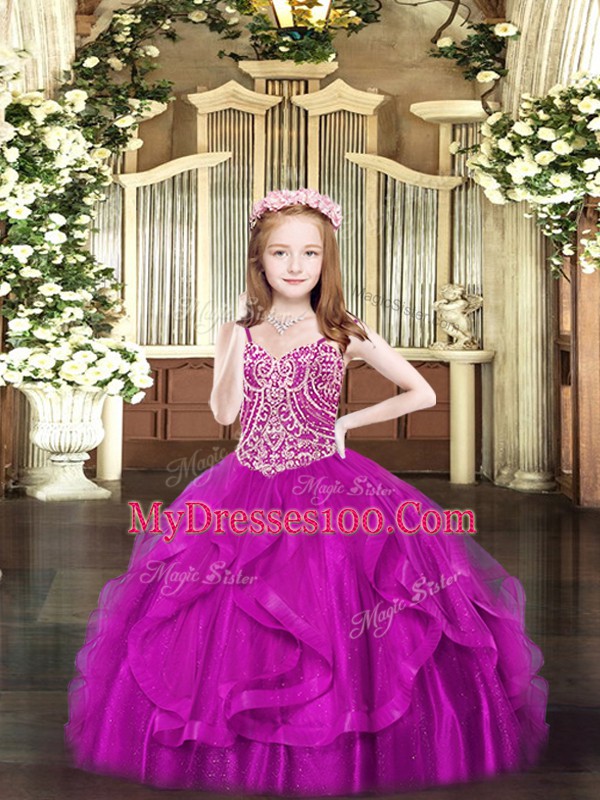 Fuchsia Sleeveless Tulle Lace Up Little Girl Pageant Dress for Party and Quinceanera