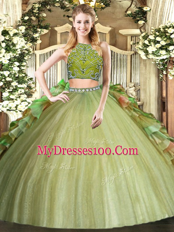 High-neck Sleeveless Zipper Quinceanera Dresses Olive Green Tulle