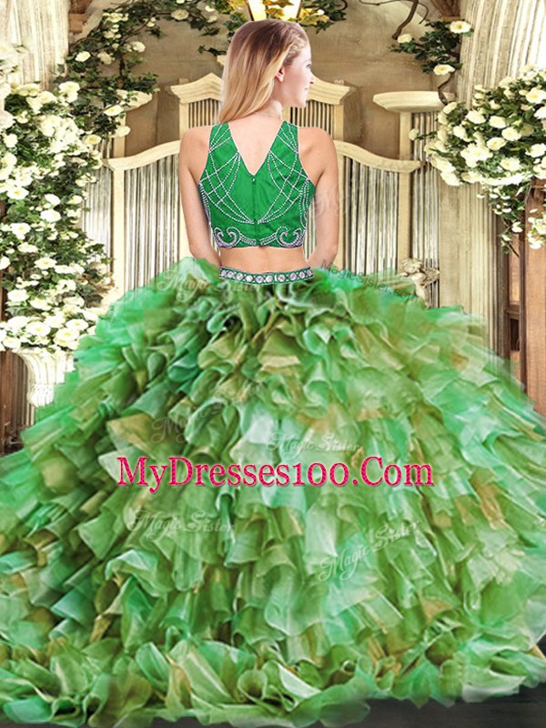 High-neck Sleeveless Zipper Quinceanera Dresses Olive Green Tulle