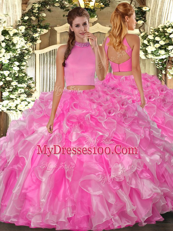Trendy Rose Pink Sleeveless Beading and Ruffles Floor Length Quinceanera Dress