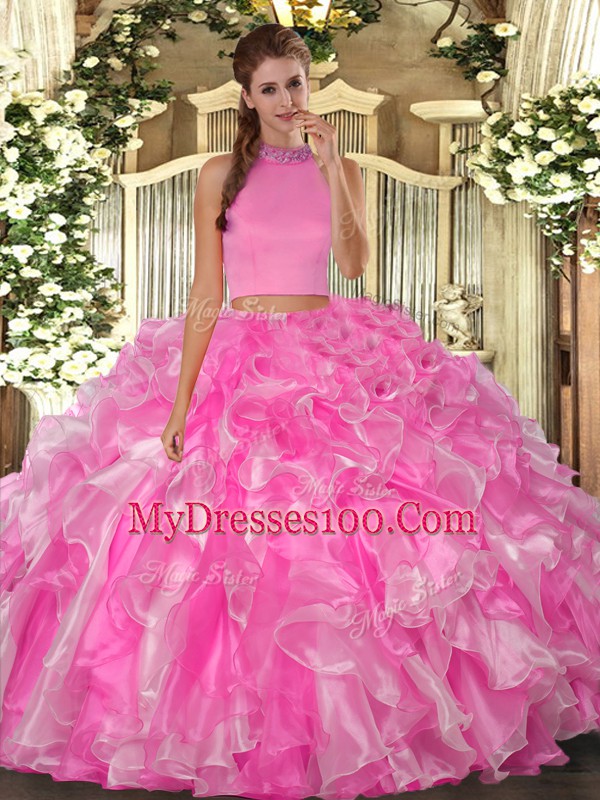 Trendy Rose Pink Sleeveless Beading and Ruffles Floor Length Quinceanera Dress