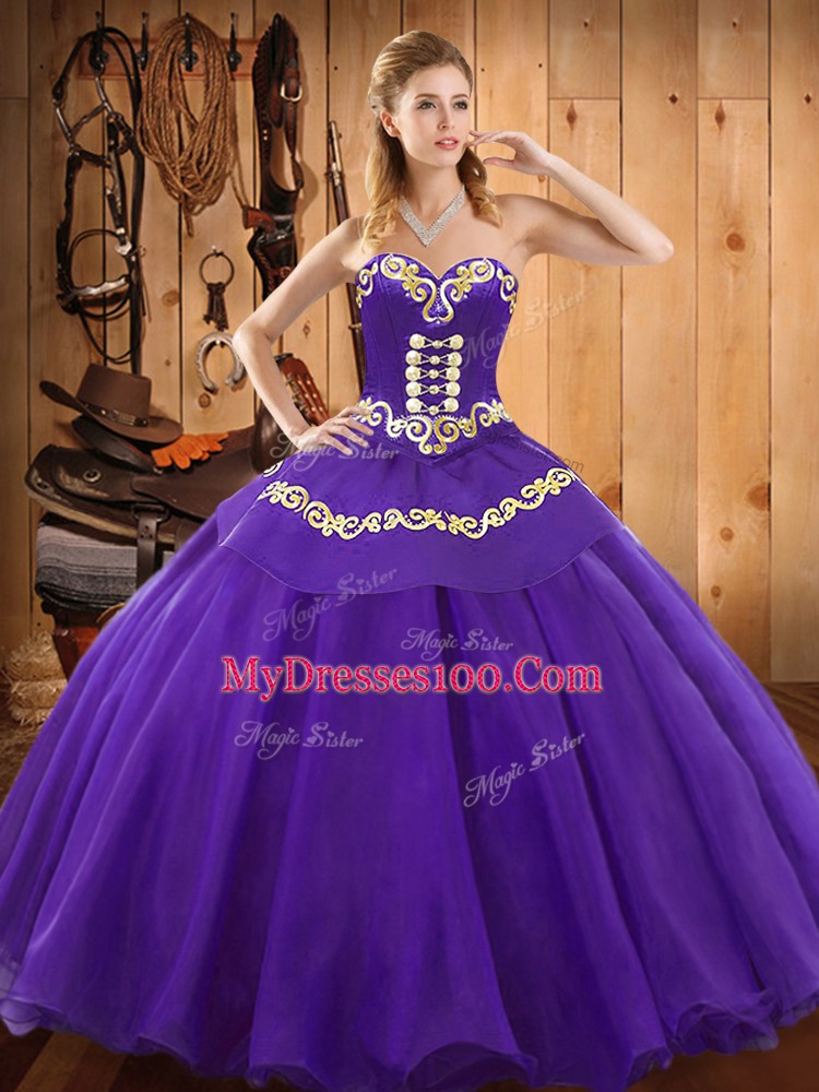 Embroidery Sweet 16 Quinceanera Dress Purple Lace Up Sleeveless Floor Length