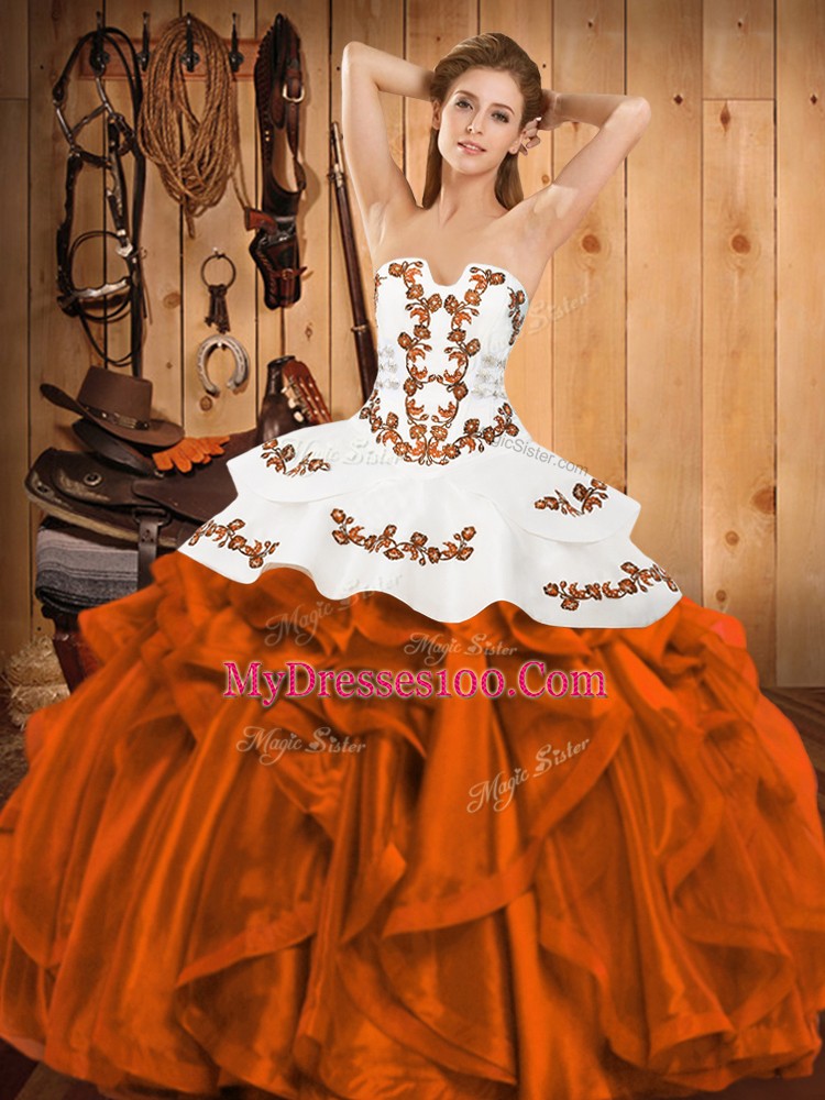 Sleeveless Satin and Organza Floor Length Lace Up Quinceanera Gowns in Orange Red with Embroidery and Ruffles