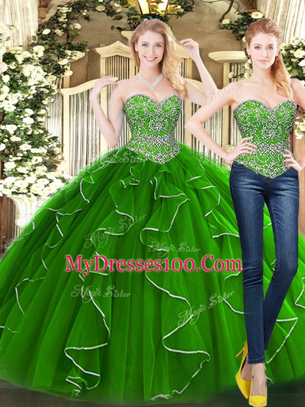 New Arrival Green Lace Up Vestidos de Quinceanera Beading and Ruffles Sleeveless Floor Length