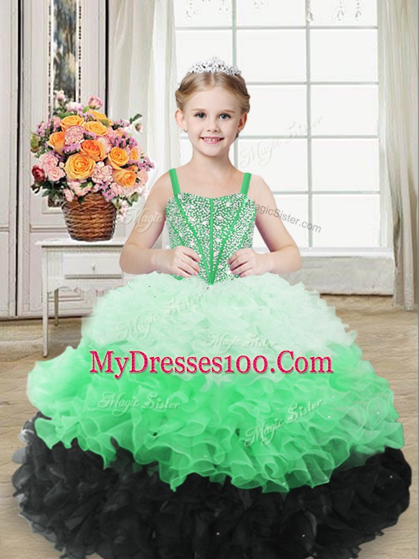 Nice Multi-color Ball Gowns Straps Sleeveless Organza Floor Length Lace Up Beading and Ruffles Pageant Gowns