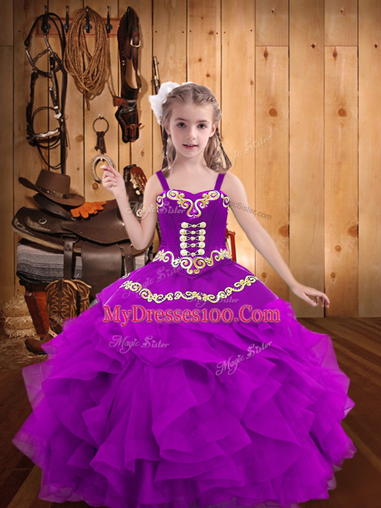 Low Price Purple Organza Lace Up Pageant Gowns For Girls Sleeveless Floor Length Embroidery and Ruffles