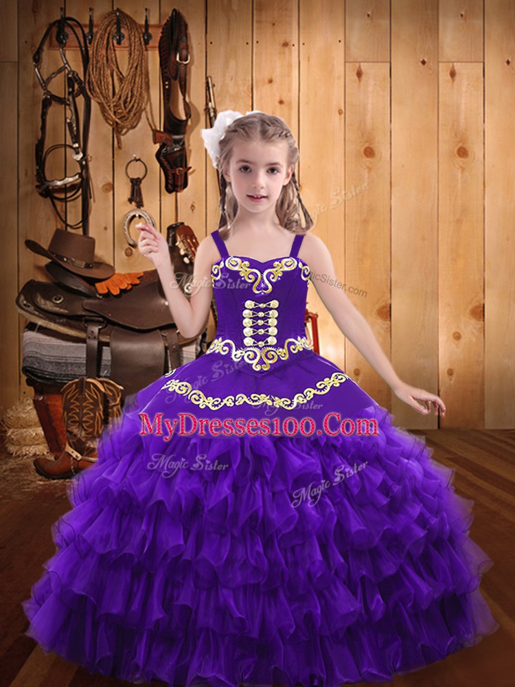 Eggplant Purple Ball Gowns Straps Sleeveless Organza Floor Length Lace Up Beading and Embroidery and Ruffled Layers Child Pageant Dress
