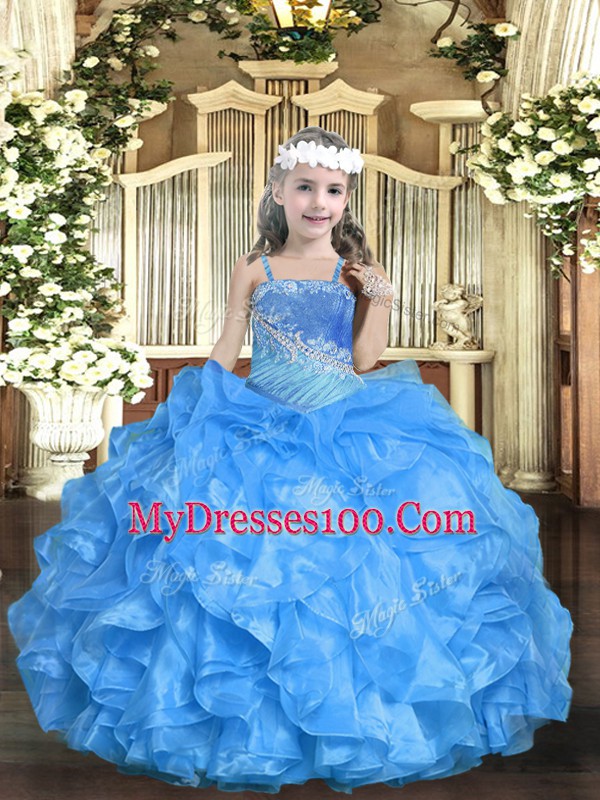 New Style Baby Blue Straps Lace Up Beading and Ruffled Layers Pageant Dress for Girls Sleeveless