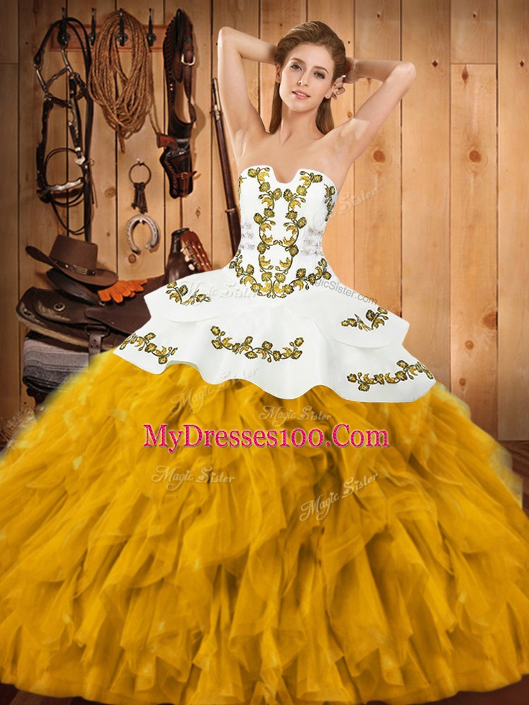 Fashionable Gold Ball Gowns Strapless Sleeveless Satin and Organza Floor Length Lace Up Embroidery and Ruffles Vestidos de Quinceanera