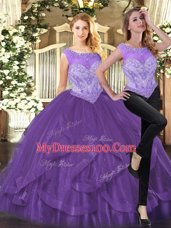 Custom Designed Purple Two Pieces Beading and Ruffles Sweet 16 Dresses Zipper Organza Sleeveless Floor Length