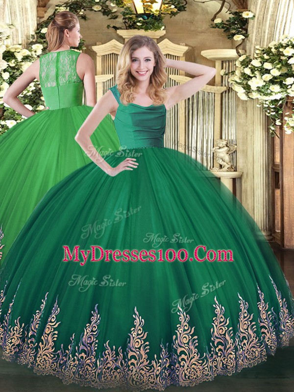 Tulle Straps Sleeveless Lace Up Beading and Appliques Sweet 16 Quinceanera Dress in Turquoise