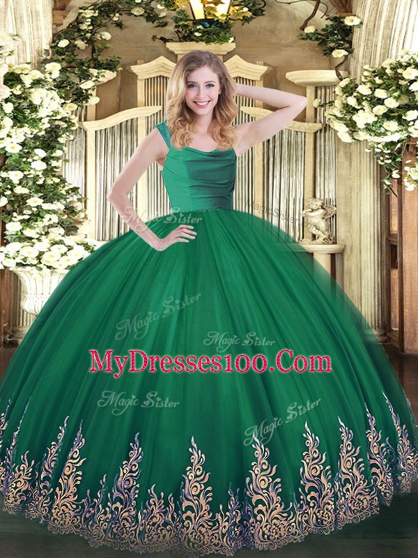 Tulle Straps Sleeveless Lace Up Beading and Appliques Sweet 16 Quinceanera Dress in Turquoise