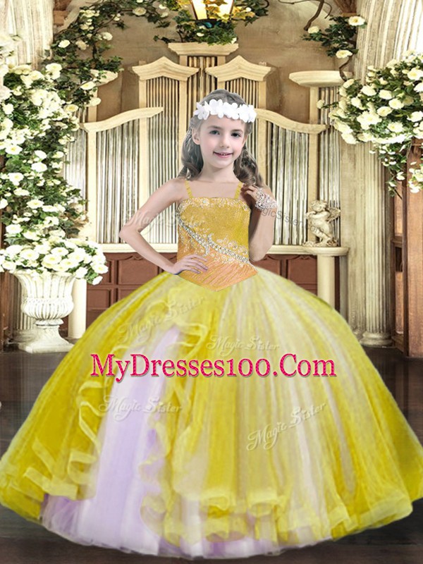 Gorgeous Tulle Straps Sleeveless Lace Up Beading Pageant Dress for Womens in Light Yellow