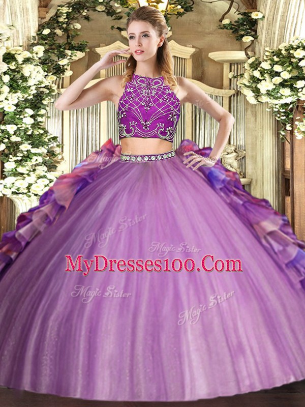 Adorable Multi-color Tulle Zipper High-neck Sleeveless Floor Length Sweet 16 Dress Beading and Ruffles