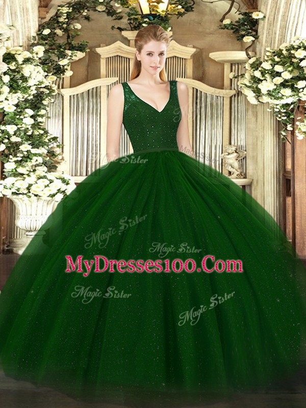 Attractive Green Zipper V-neck Beading Ball Gown Prom Dress Tulle and Sequined Sleeveless