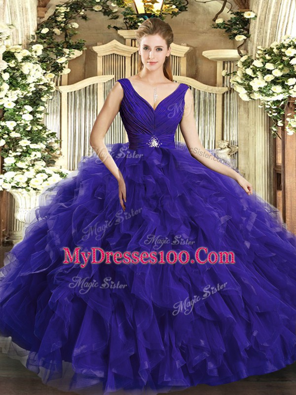 Purple Sleeveless Beading and Ruffles Floor Length Quinceanera Gowns