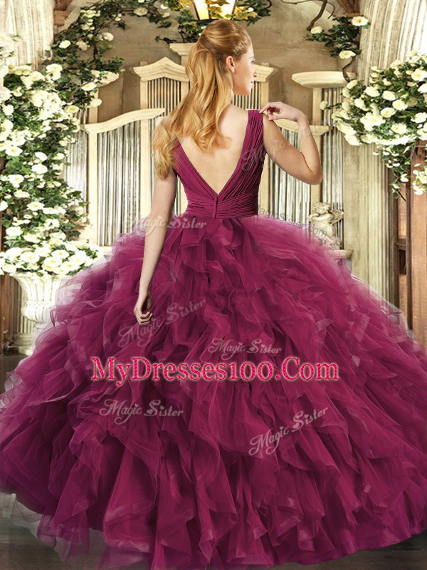 Purple Sleeveless Beading and Ruffles Floor Length Quinceanera Gowns