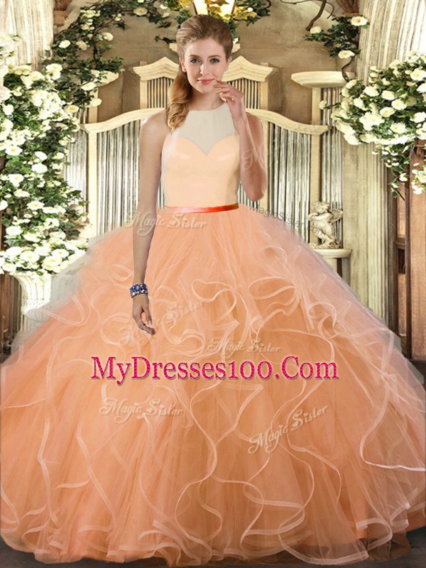 Graceful Floor Length Peach 15 Quinceanera Dress Tulle Sleeveless Ruffles
