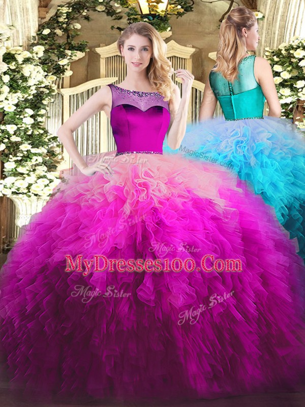 New Arrival Fuchsia Ball Gowns Scoop Sleeveless Tulle Floor Length Zipper Beading and Ruffles Vestidos de Quinceanera
