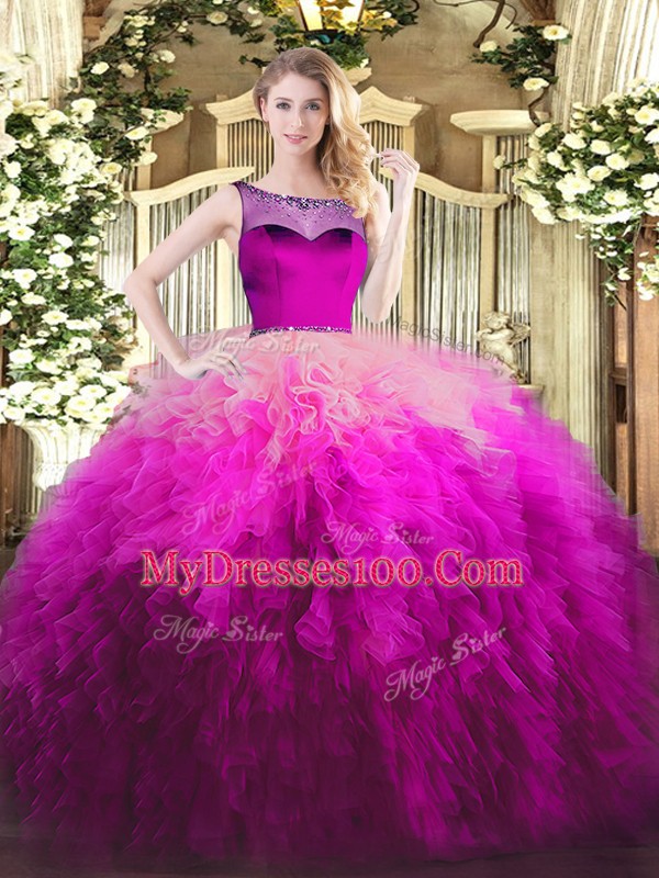 New Arrival Fuchsia Ball Gowns Scoop Sleeveless Tulle Floor Length Zipper Beading and Ruffles Vestidos de Quinceanera