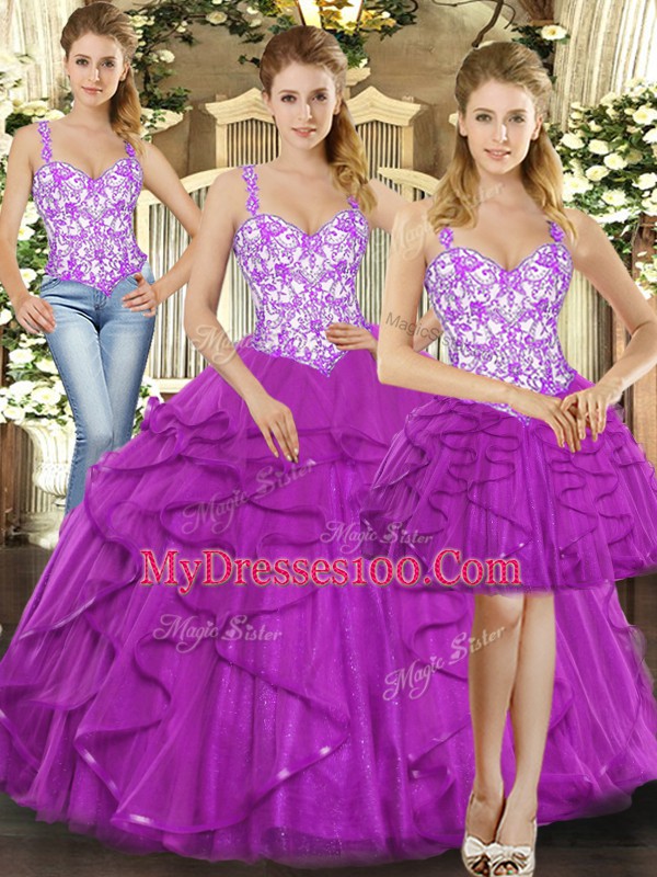 Cute Straps Sleeveless Lace Up Sweet 16 Dresses Fuchsia Organza