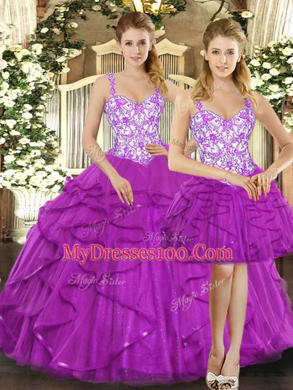 Cute Straps Sleeveless Lace Up Sweet 16 Dresses Fuchsia Organza