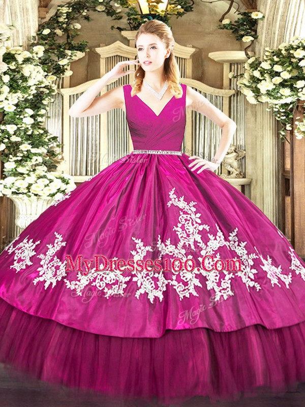 Vintage Floor Length Ball Gowns Sleeveless Fuchsia Quince Ball Gowns Zipper