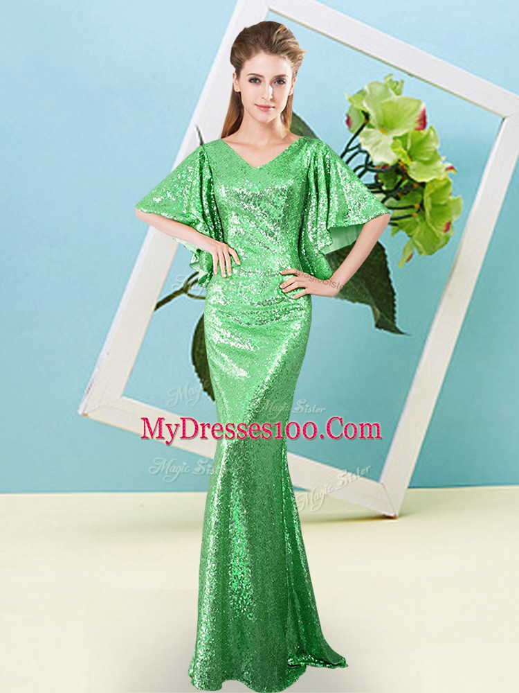Floor Length Green Dress for Prom Sequined Half Sleeves Sequins