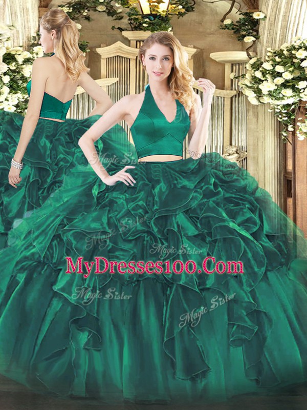 Inexpensive Two Pieces Quinceanera Dresses Dark Green Halter Top Organza Sleeveless Floor Length Zipper