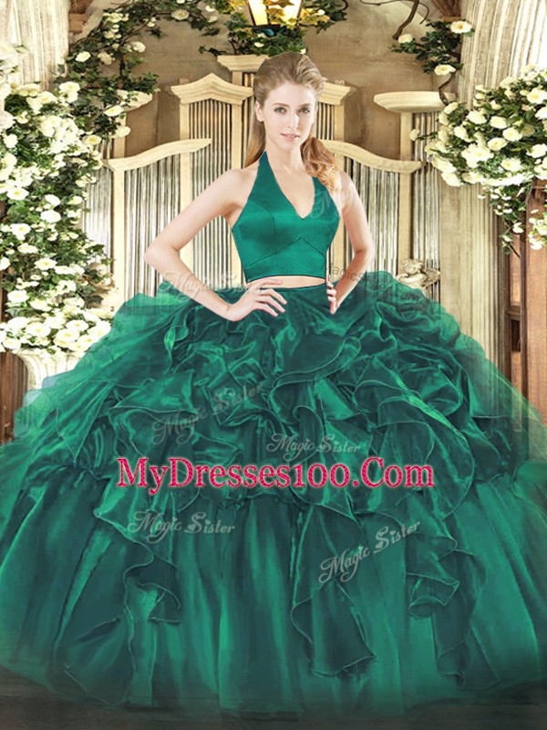 Inexpensive Two Pieces Quinceanera Dresses Dark Green Halter Top Organza Sleeveless Floor Length Zipper