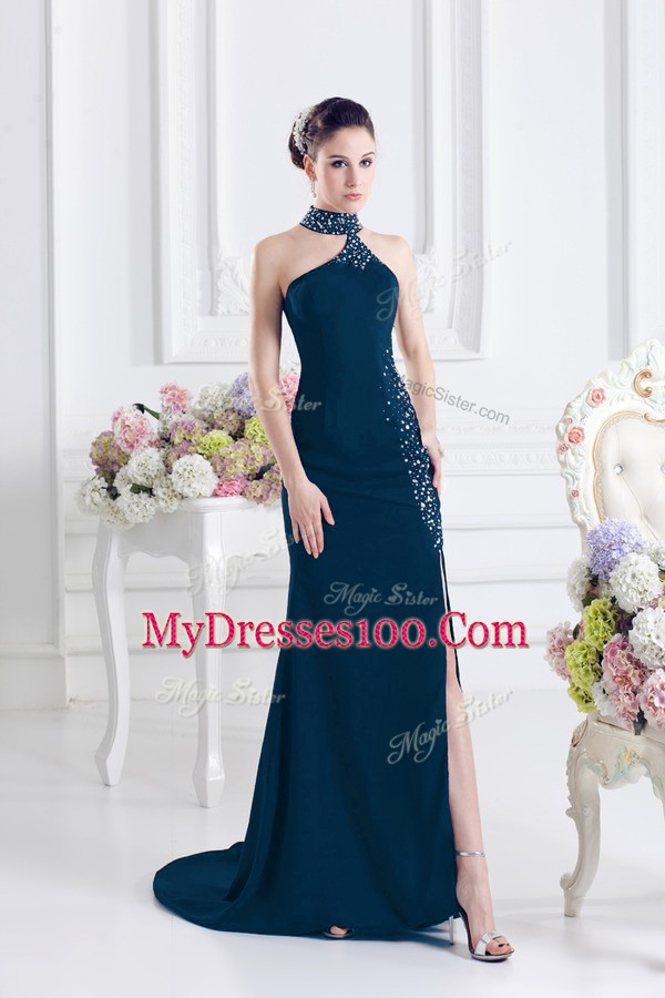 Sleeveless Beading Lace Up with Navy Blue Sweep Train