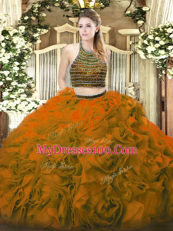 Lovely Brown Two Pieces Halter Top Sleeveless Tulle Floor Length Lace Up Beading and Ruffles Sweet 16 Quinceanera Dress