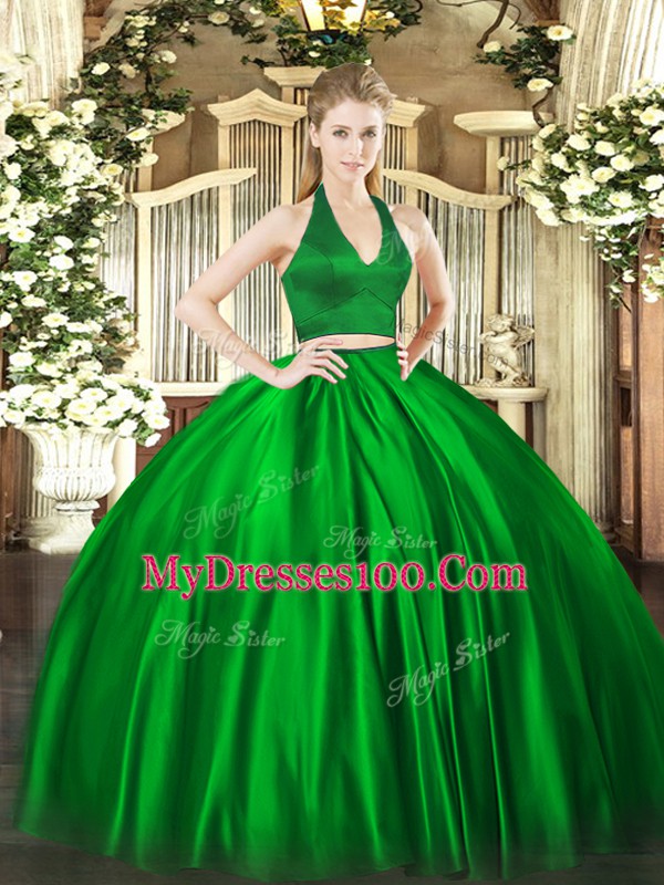 Decent Green Halter Top Zipper Ruching Quince Ball Gowns Sleeveless