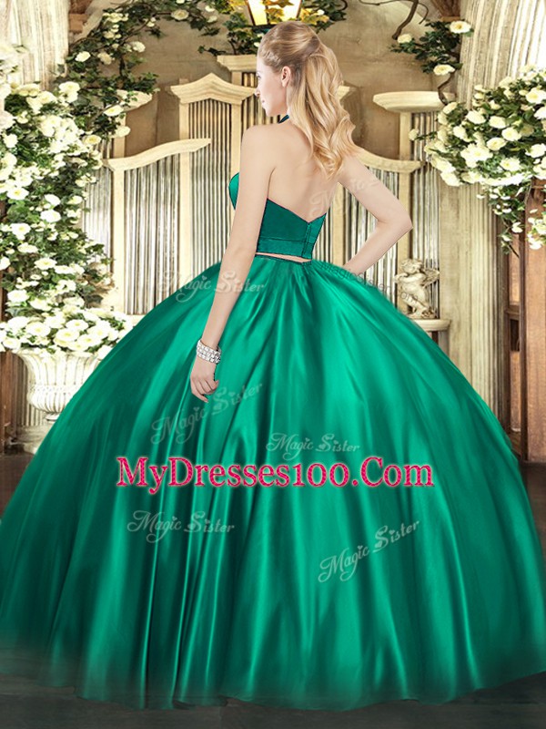 Decent Green Halter Top Zipper Ruching Quince Ball Gowns Sleeveless