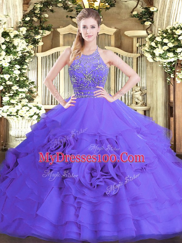 Halter Top Sleeveless Ball Gown Prom Dress Floor Length Beading and Ruffled Layers Purple Tulle