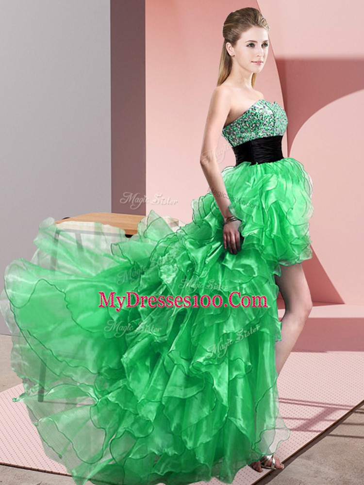 Sleeveless Organza High Low Lace Up in Green with Beading and Ruffles