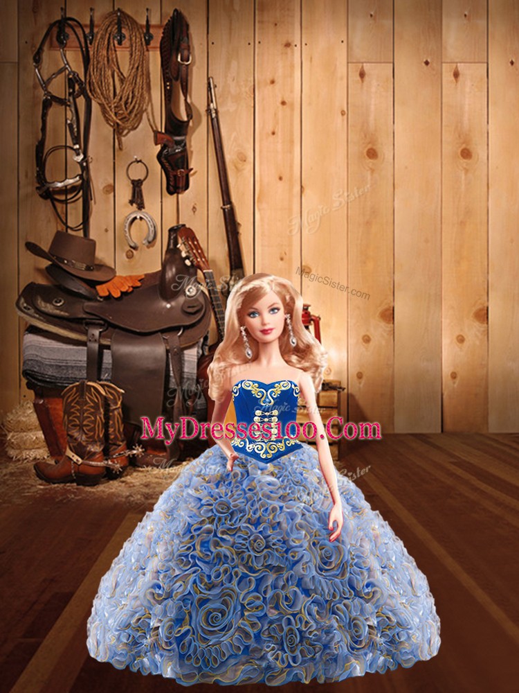 Sweep Train Ball Gowns 15 Quinceanera Dress Multi-color Sweetheart Fabric With Rolling Flowers Sleeveless Lace Up