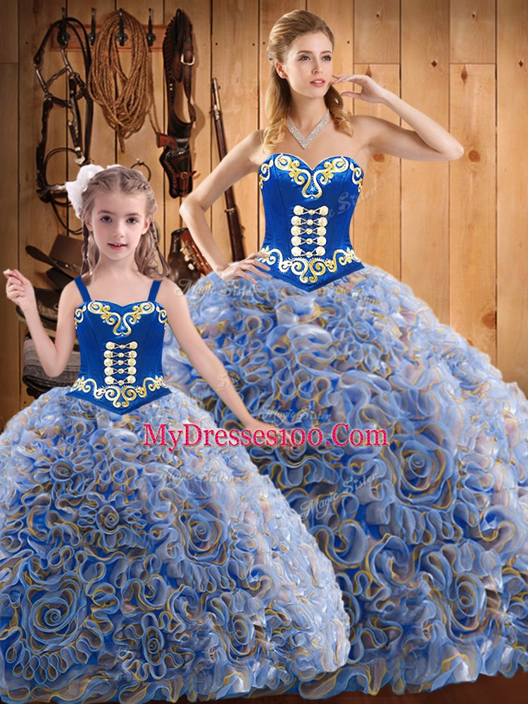 Sweep Train Ball Gowns 15 Quinceanera Dress Multi-color Sweetheart Fabric With Rolling Flowers Sleeveless Lace Up