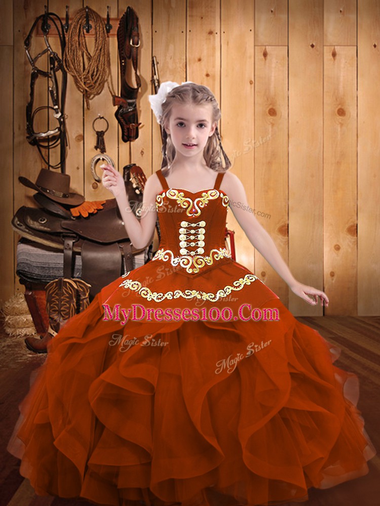 Floor Length Ball Gowns Sleeveless Rust Red Little Girl Pageant Dress Lace Up