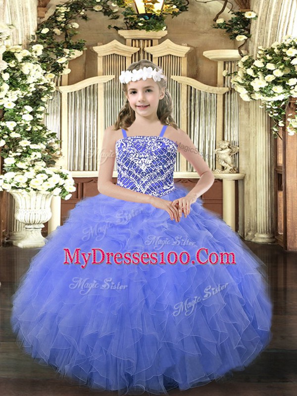 Trendy Blue Sleeveless Beading and Ruffles Floor Length Little Girl Pageant Dress